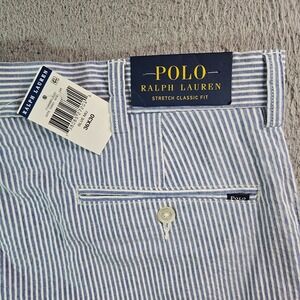 NEW Polo Ralph Lauren Pants Men 36 x 30 Stretch Classic Fit Whtie Blue Striped